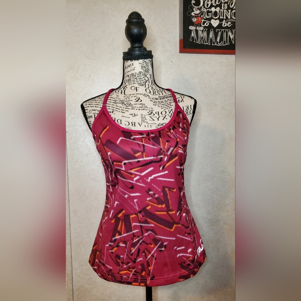 NWOT Fila Women's Red and Pink Graphic Tank Top Size:M